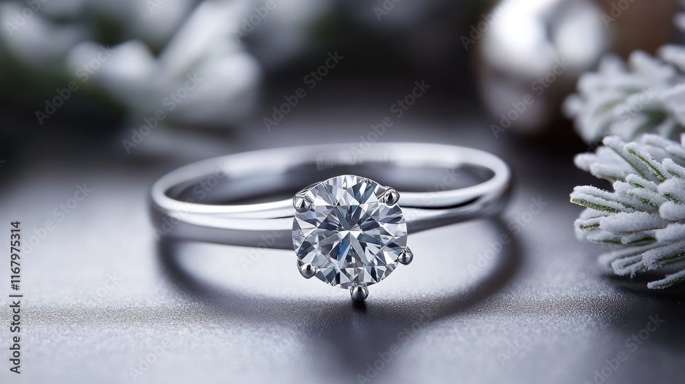 Poster close-up of a solitaire diamond ring on a gray surface with frosted greenery.