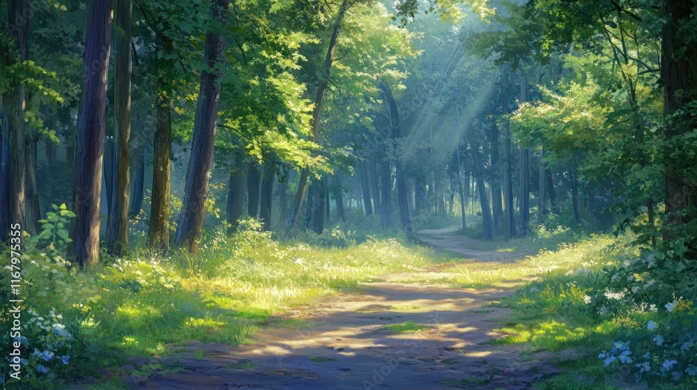 Poster sunlit path winding through a lush green forest with tall trees and wildflowers.