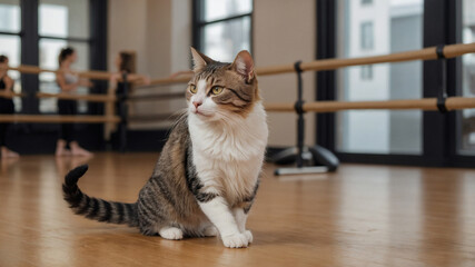 A tabby cat sits on a hardwood floor in a dance studio, watching dancers practice at the barre in the background.