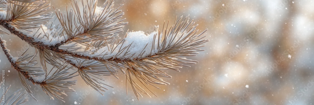 Poster Snow-covered pine branch with bokeh background.