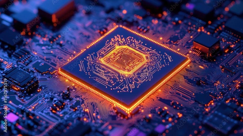 Fototapete Close-up of a glowing computer processor chip on a circuit board.