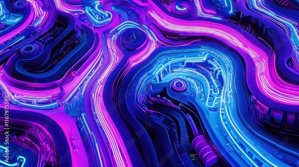 Poster abstract neon light patterns with vibrant purple and blue glowing lines creating a complex, wavy, an