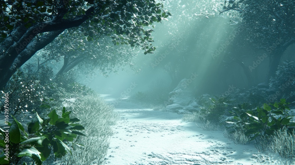 Poster sunbeams illuminate a snowy path winding through a tranquil winter forest.