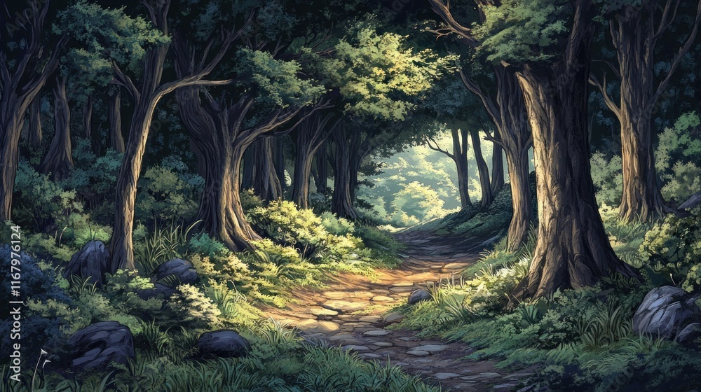 Aufkleber sunlit path through a lush, green forest with tall trees and rocks.