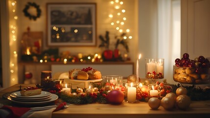 Naklejka premium Cozy Holiday Table Setting with Candles and Festive Decor