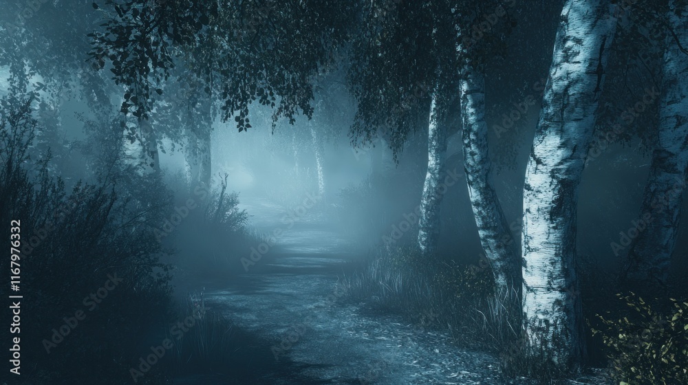 Poster mysterious path through a foggy birch forest at night.