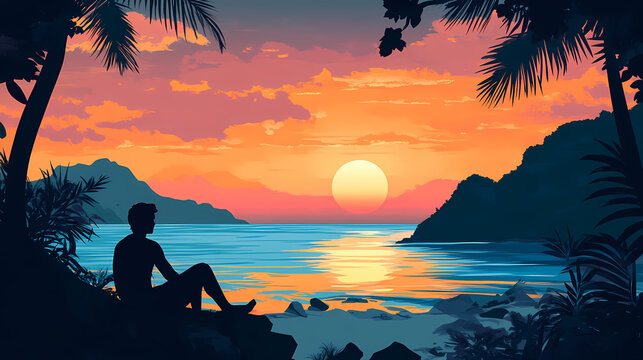 Breathtaking sunset over a picturesque beach with a silhouetted traveler enjoying the serene and tranquil coastal view capturing the essence of relaxation and wanderlust. Wanderlust. Illustration