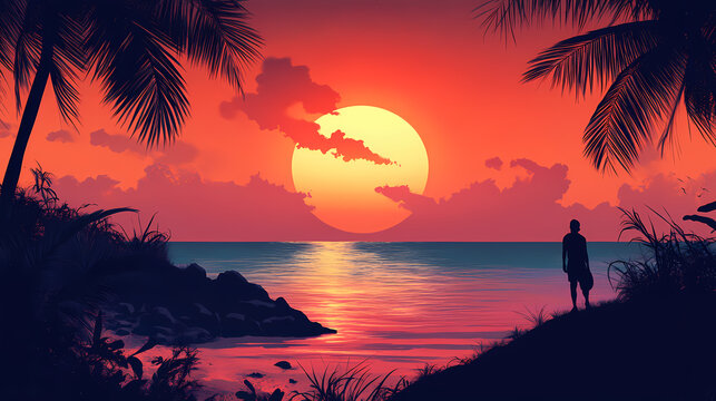 Breathtaking sunset over a picturesque beach with a silhouetted traveler enjoying the serene and tranquil coastal view capturing the essence of relaxation and wanderlust. Wanderlust. Illustration