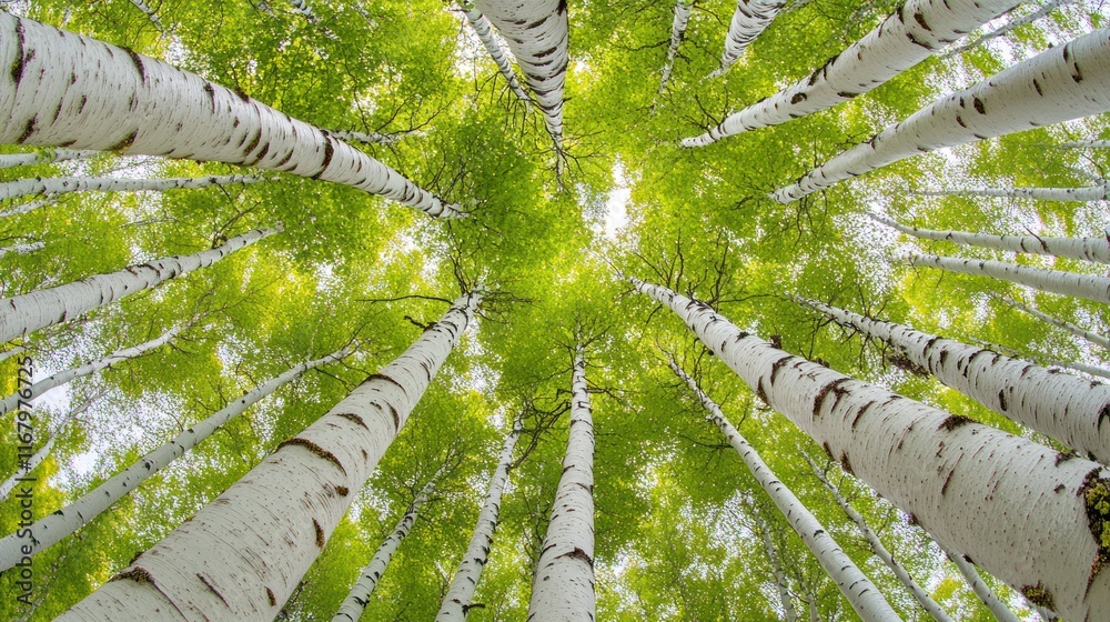 Aufkleber Low angle view of birch trees in a forest, looking up at the canopy.