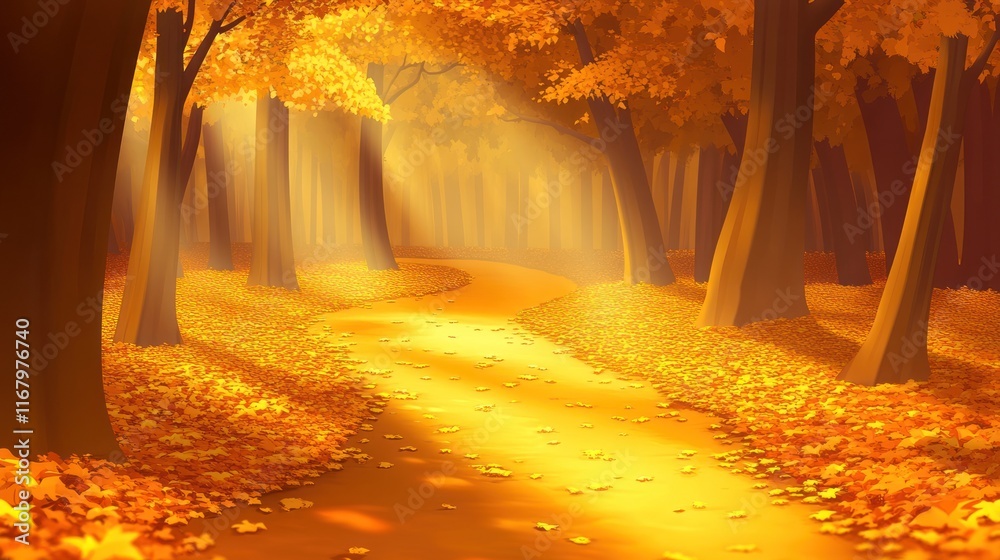 Poster sunlit path winding through autumn forest with golden leaves.