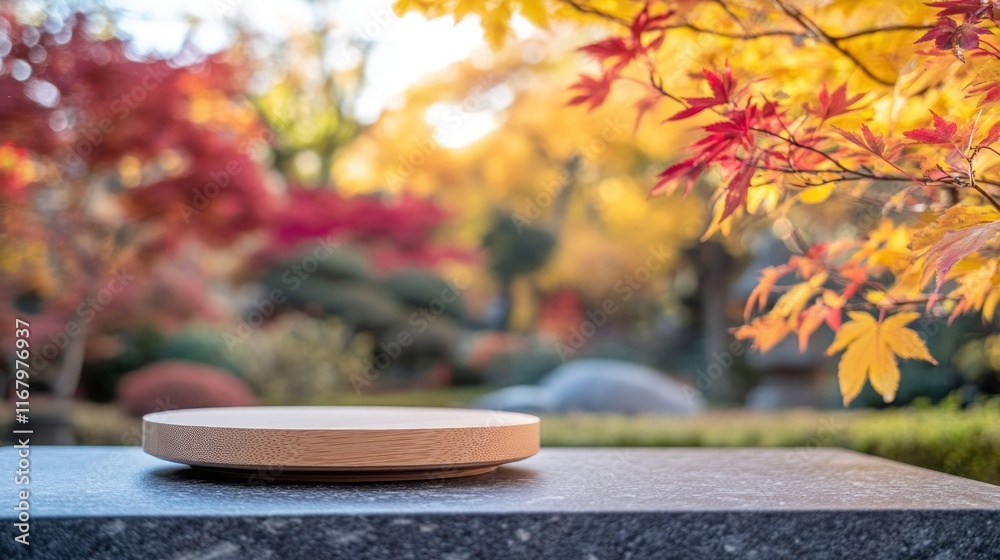 Poster Wooden display platform on stone surface with blurred autumn foliage background.