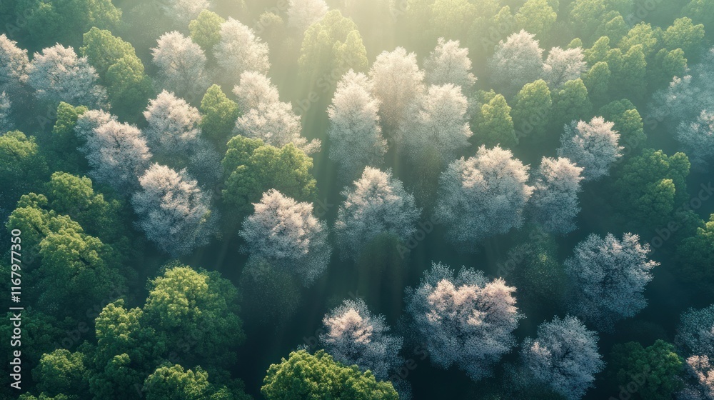 Poster Aerial view of a lush forest with blooming trees, sunlight filtering through the canopy.
