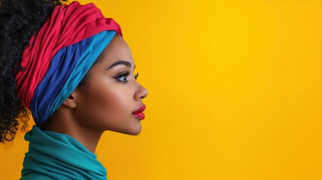 Um banner com fundo amarelo, apresentando uma mulher negra em perfil, com olhar imponente para a horizontal