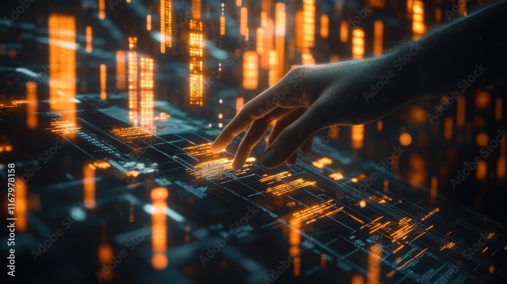Poster hand interacting with futuristic digital interface, glowing orange data streams.