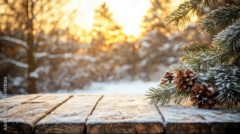 Poster snowy winter scene with pine branch and cones on rustic wooden table against blurred sunset forest b
