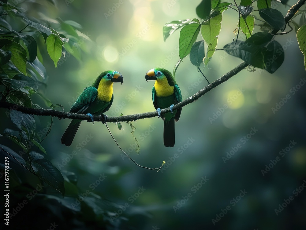 Poster two emerald green toucans perched on a branch in a lush rainforest, sunlight filtering through leave