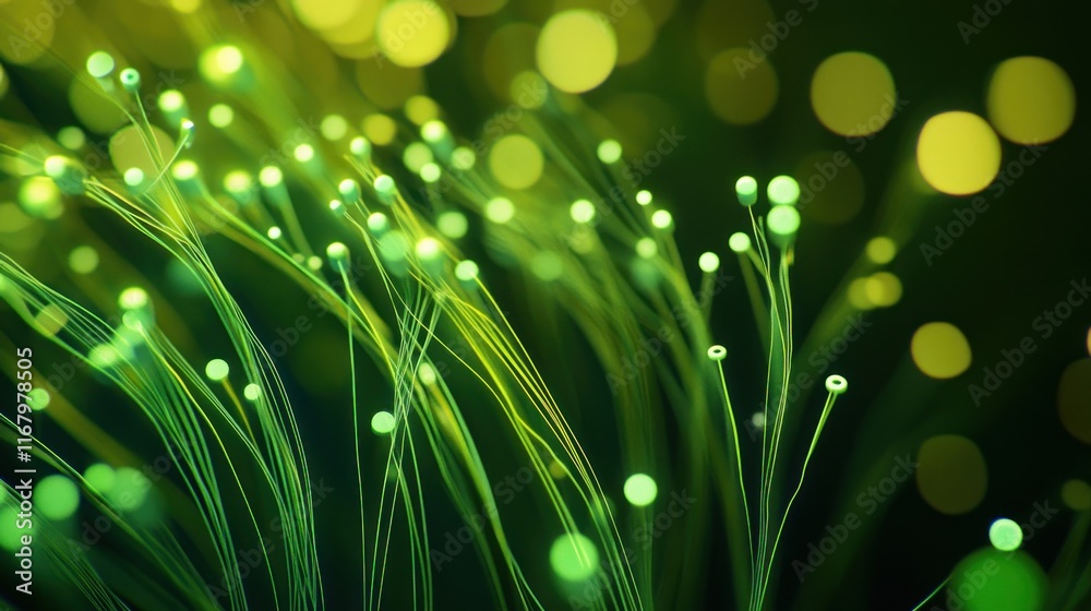 Poster glowing green abstract plants with bokeh background.