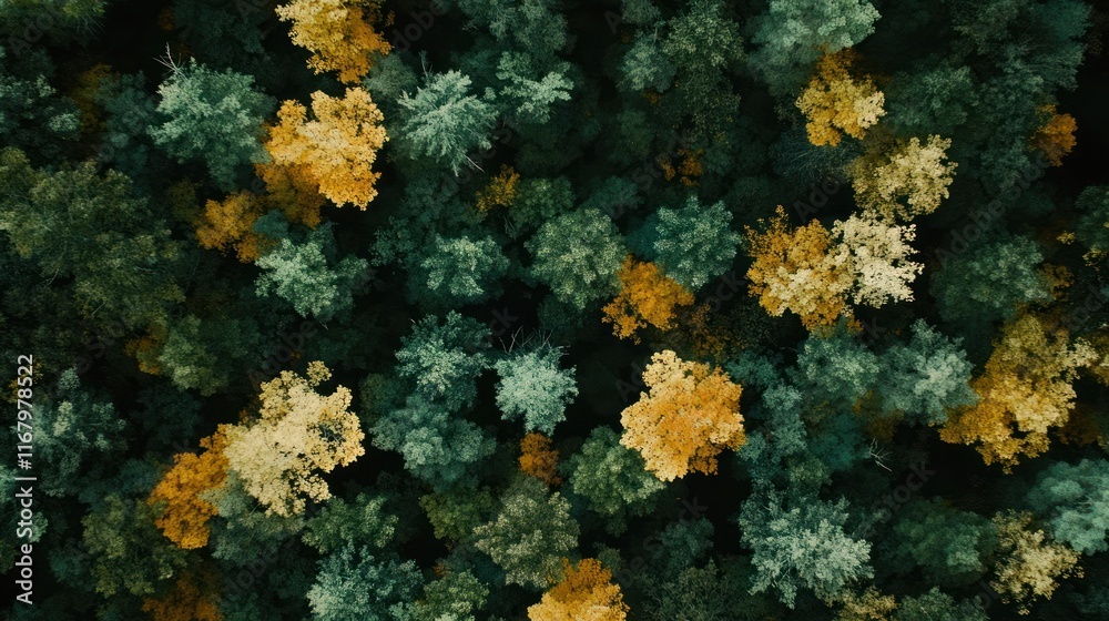 Poster aerial view of autumn forest with yellow and green trees.