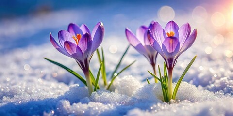 Crocus flowers blooming in the snow, with delicate petals and vibrant colors