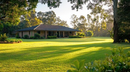 Ranch-style house on a sprawling green lawn, bathed in morning sunlight, surrounded by lush trees.