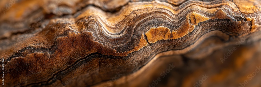Poster close-up of a brown and orange banded agate stone with intricate swirling patterns.