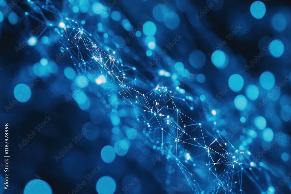 Poster Abstract blue network connection with glowing particles and bokeh.