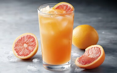 Refreshing Grapefruit Iced Drink with Ice Cubes and Grapefruit Slices