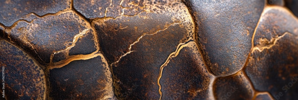 Poster close-up of dark brown textured surface with cracked pattern.