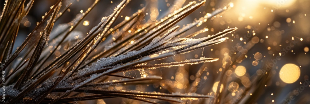Leinwandbilder close-up of a snow-covered pine branch with sunlight shining through, creating a bokeh effect.