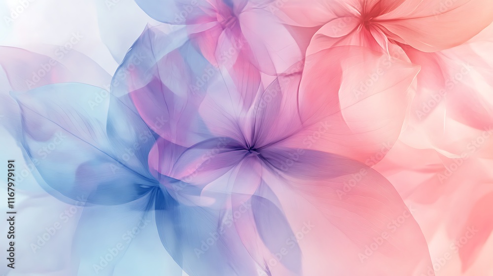 Poster a modern design showcasing overlapping translucent flower shapes, creating an ethereal and abstract 