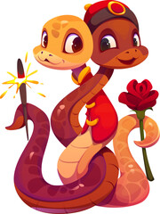 Cartoon Asian snake characters with love feelings. Valentine day intertwined reptiles couple dressed in festive Chinese attire, holding a sparkler and red rose, celebrates love, unity, and festive joy