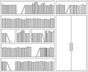 Vector sketch illustration silhouette design detail furniture bookcases for library room interior as book storage.eps © ibu