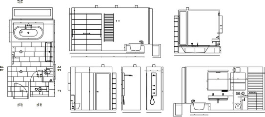 Vector sketch illustration silhouette design detail site plan view and section of modern bathroom building.eps