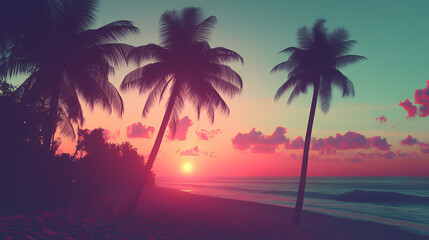 A retro wallpaper depicting a sunset beach with palm trees silhouetted against a gradient sky evoking nostalgia and a sense of wanderlust for tropical destinations. Wanderlust. Illustration