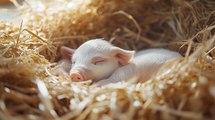 Two White Piglets Sleeping Peacefully In Hay