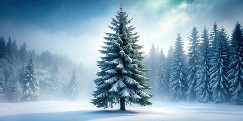 Fototapeta premium A majestic fir tree stands tall in a serene snow-covered forest landscape with misty atmosphere and soft focus effect , atmospheric, fir tree