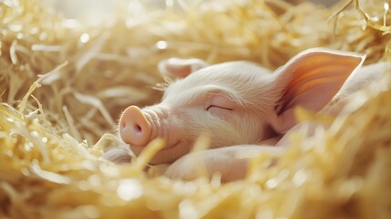 A Sweet Piglet Sleeping Peacefully In Hay