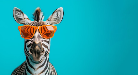 Quirky zebra wearing orange sunglasses against a vibrant blue background with copyspace, showcasing a fun and stylish animal concept.
