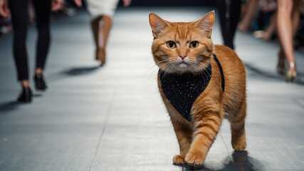 Fototapeta premium Ginger cat struts down a runway, showcasing its stylish bandana. A feline fashion icon!