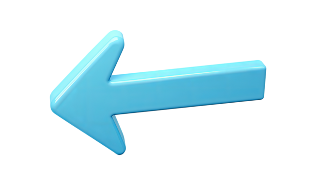 A 3D signage arrow icon, pointing to the left, in a solid blue color. Isolated on white background