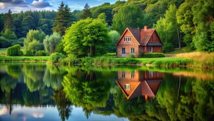 Obraz premium A rustic red-brick house stands serenely amidst a lush green landscape in a countryside setting near a serene lake with a mirror-like reflection on its surface , cottage, reflection