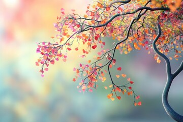 Fototapeta premium Elegant 3D tree design with a burst of vibrant leaves in various hues, featuring fluid, hanging branches and a softly blurred backdrop. 