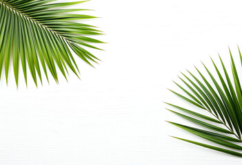 Fototapeta premium Tropical Minimalist Background Template with Palm Leaves on Textured White Surface