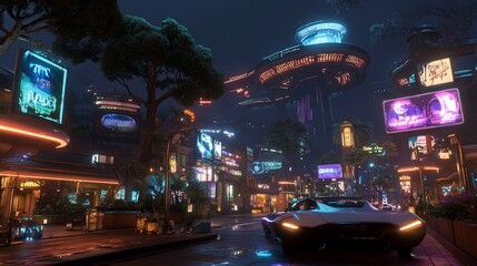 Fototapeta premium Futuristic city street at night with flying vehicles and neon lights.