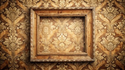 Distressed wooden frame with natural finish blends seamlessly into a rustic damask background, rural, damask,  rural