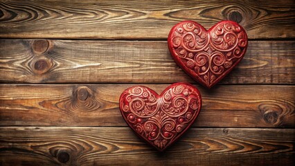 Fototapeta premium A pair of two red hearts with intricate designs and patterns on a wooden background with a warm, natural finish, surrounded by subtle textures and earthy tones , heart, vintage