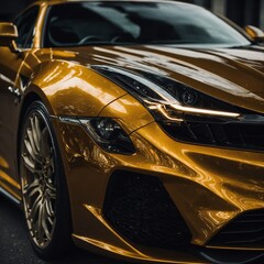 A shiny gold sports car with glowing details and sharp, modern styling.