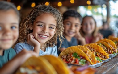 Happy Children Enjoying Delicious Tacos at a Casual Restaurant Setting