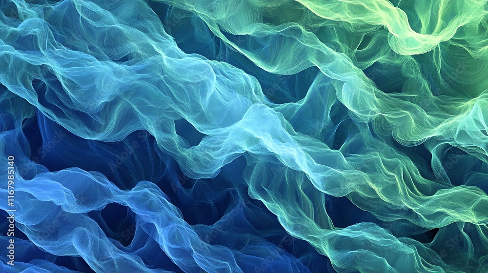Poster blue and green waves flowing dynamically, creating a smooth and abstract background with a serene an