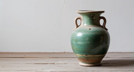 Green theme ancient ceramic vase on plain white background
